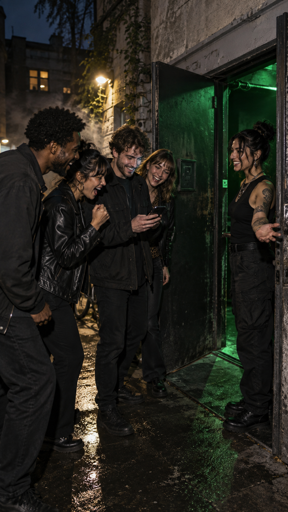 Guests checked in at a green-lit door of a Berlin venue