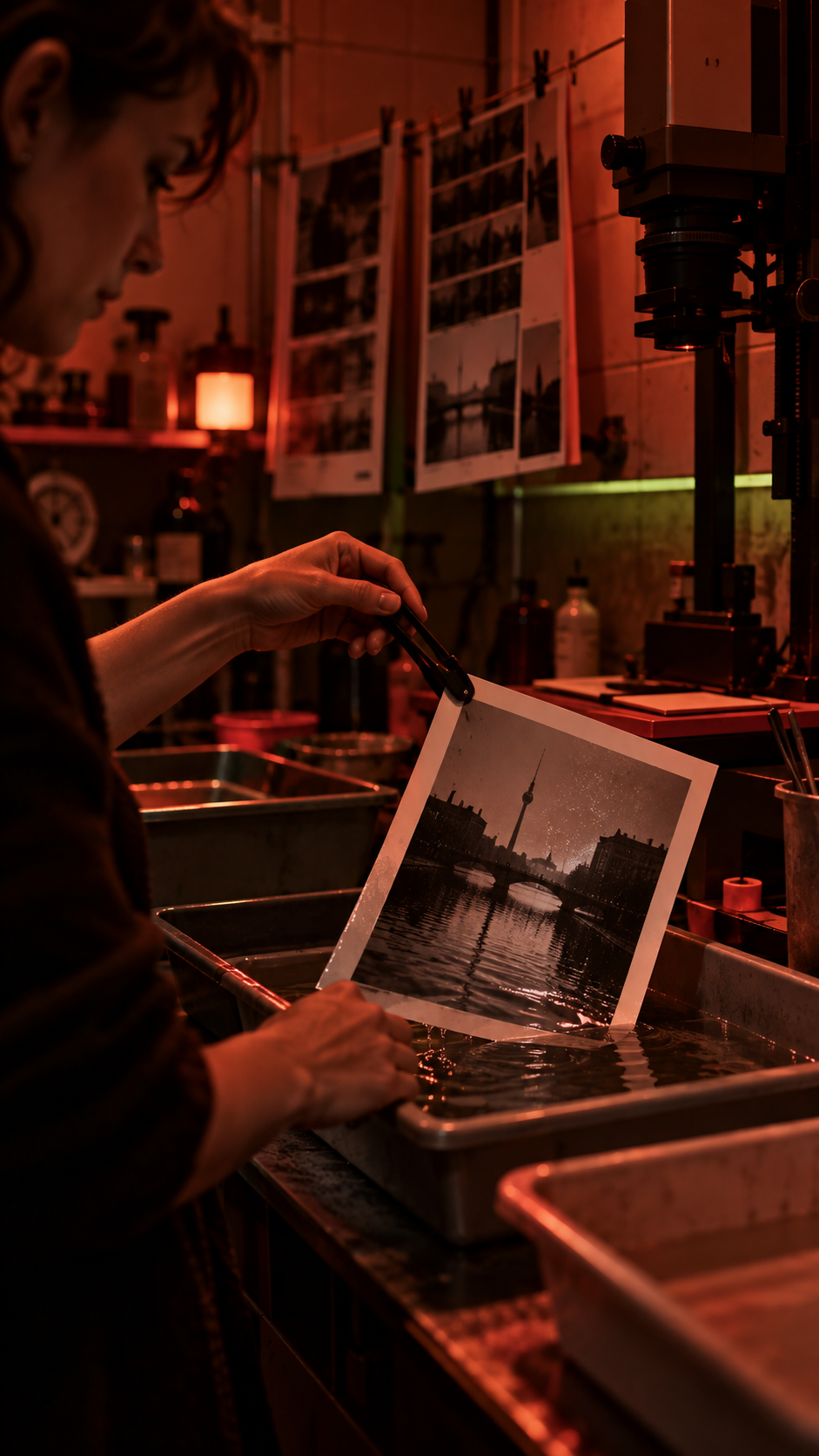 Photographer developing a Berlin print in a red-lit darkroom