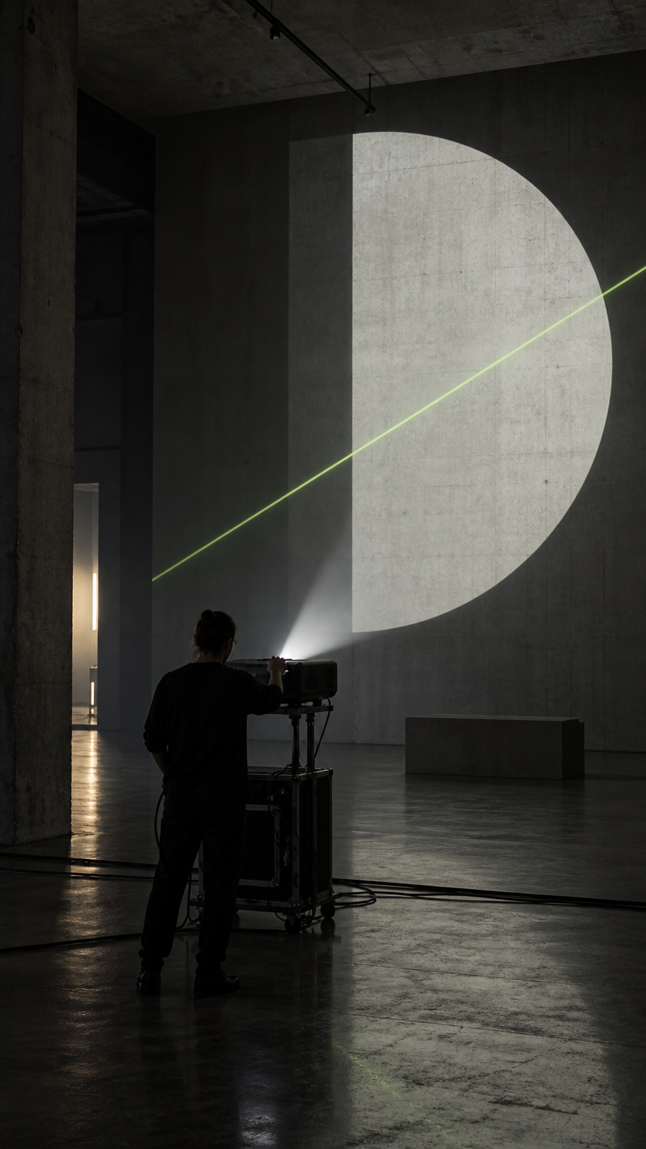 Artist projecting a light installation on a concrete wall