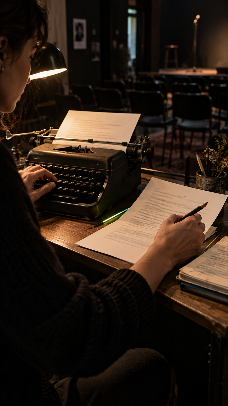 Writer typing on a vintage typewriter before a reading night