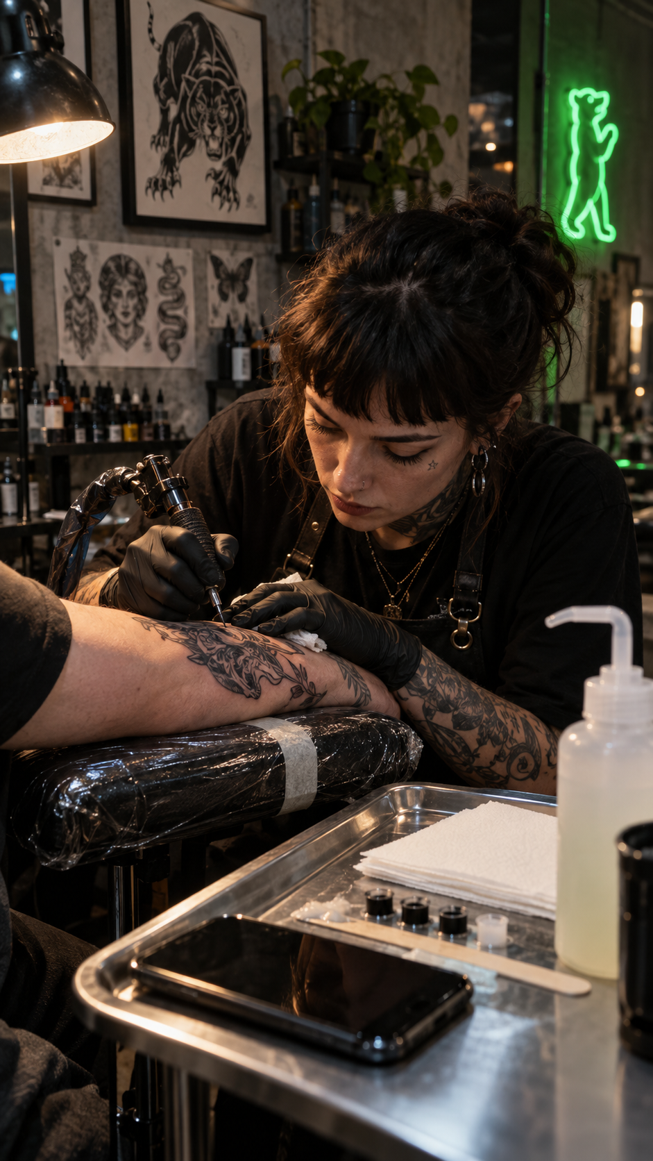 Tattoo artist working in a dark Berlin studio