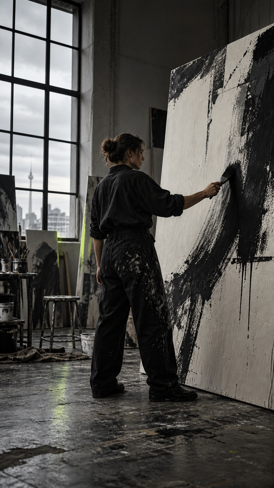 Painter working on a large black and white canvas in a Berlin loft