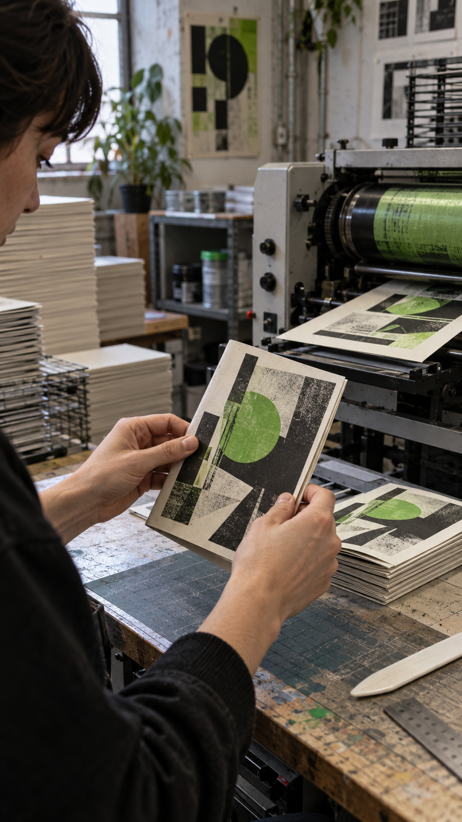 Printer checking a green and black riso print next to the press